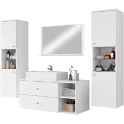 Garnero Arredamenti Mobile Bagno Sospeso-Mobile bagno sospeso 100cm con lavabo, specchio e 2 colonne bianco Krom Bianco Opaco
