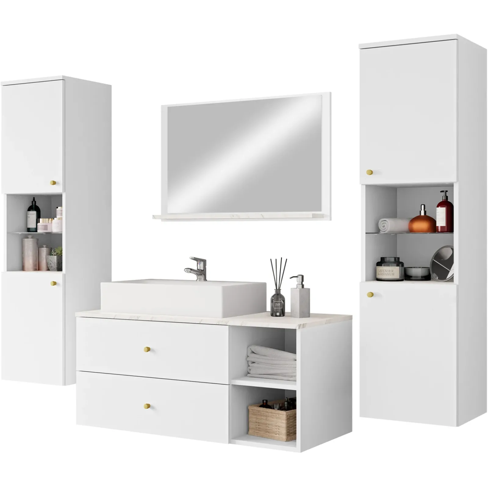 Garnero Arredamenti Mobile Bagno Sospeso-Mobile bagno sospeso 100cm con lavabo, specchio e 2 colonne bianco Krom Bianco Opaco