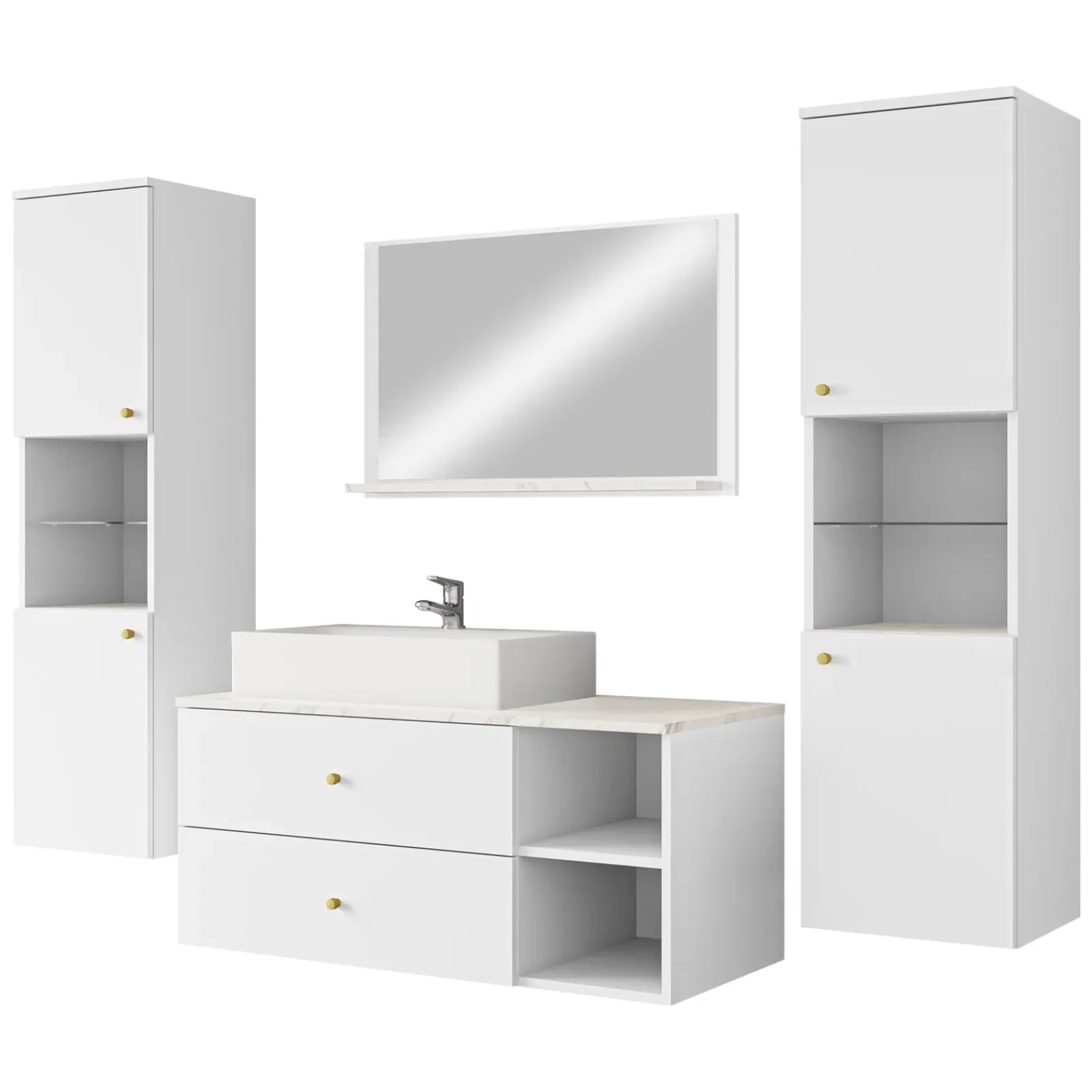 Garnero Arredamenti Mobile Bagno Sospeso-Mobile bagno sospeso 100cm con lavabo, specchio e 2 colonne bianco Krom Bianco Opaco