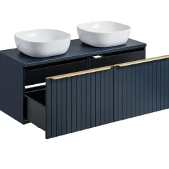 Garnero Arredamenti Mobile Bagno Sospeso-Mobile bagno sospeso 120cm con 2 lavabi, 2 specchi rotondi e colonna cannettato blu Deep