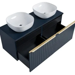 Garnero Arredamenti Mobile Bagno Sospeso-Mobile bagno sospeso 120cm con 2 lavabi, 2 specchi rotondi e colonna cannettato blu Deep