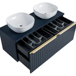 Garnero Arredamenti Mobile Bagno Sospeso-Mobile bagno sospeso 120cm con 2 lavabi, 2 specchi rotondi e colonna cannettato blu Deep