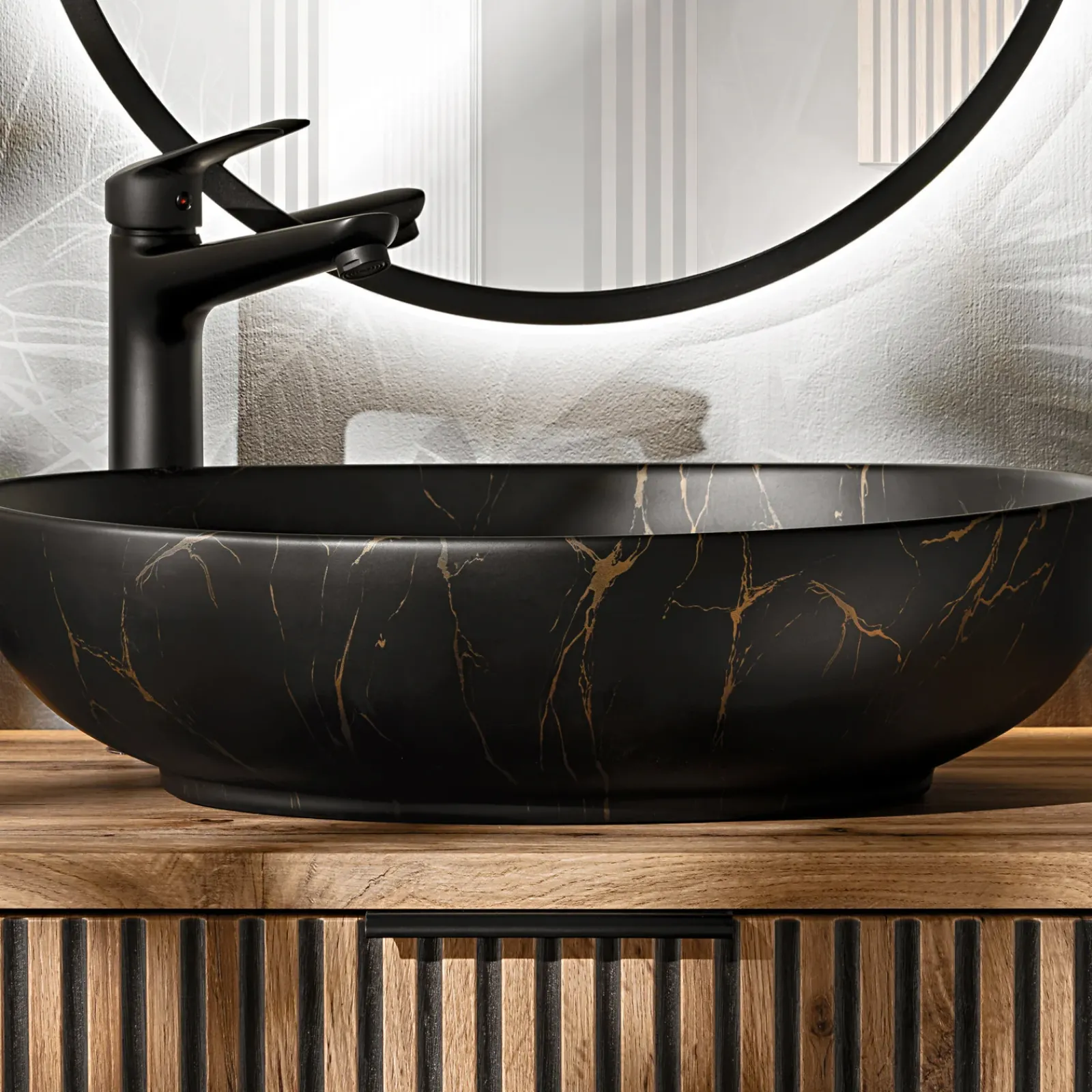 Garnero Arredamenti Mobile Bagno Sospeso-Mobile bagno sospeso 80cm cm con lavabo, specchio, colonna e cubotti quercia antracite Limpid