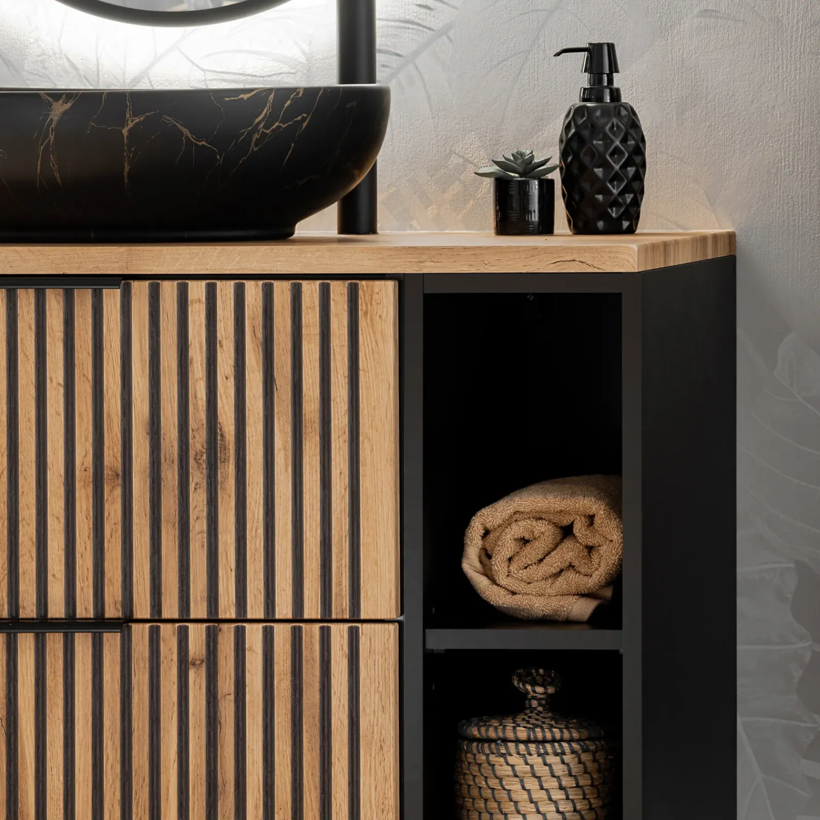 Garnero Arredamenti Mobile Bagno Sospeso-Mobile bagno sospeso 80cm cm con lavabo, specchio, colonna e cubotti quercia antracite Limpid