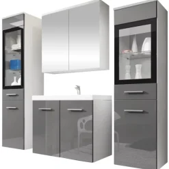 Garnero Arredamenti Mobile Bagno Sospeso-Mobile bagno sospeso 60cm con lavabo, specchio e 2 colonne grigio lucido bianco Luz Grigio - Bianco Lucido