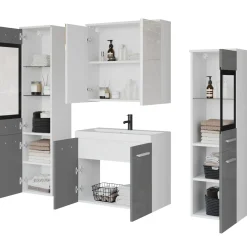 Garnero Arredamenti Mobile Bagno Sospeso-Mobile bagno sospeso 60cm con lavabo, specchio e 2 colonne grigio lucido bianco Luz Grigio - Bianco Lucido