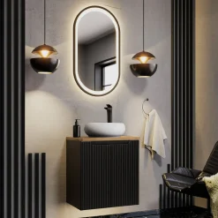Garnero Arredamenti Mobile Bagno Sospeso-Mobile bagno sospeso 60cm cannettato 2 ante rovere Cleany Nero