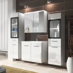 Garnero Arredamenti Mobile Bagno Sospeso-Mobile bagno sospeso 60cm con lavabo, specchio e 2 colonne Luz Bianco Lucido