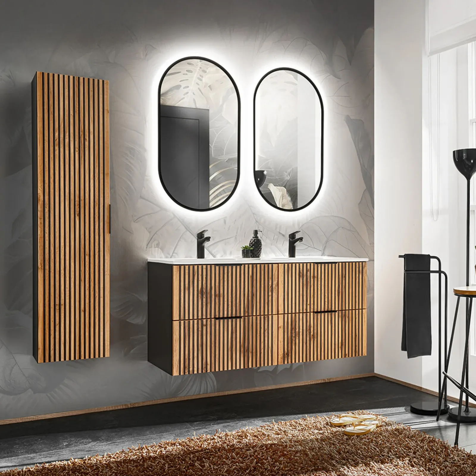 Garnero Arredamenti Mobile Bagno Sospeso-Mobile bagno sospeso 120cm cm con 2 lavabi da incasso, 2 specchi e colonna quercia antracite Limpid