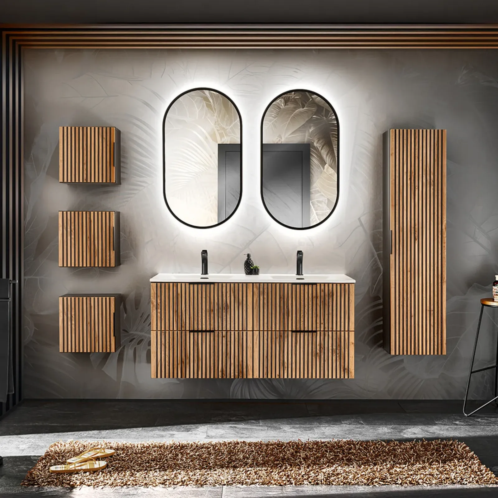 Garnero Arredamenti Mobile Bagno Sospeso-Mobile bagno sospeso 120cm cm con 2 lavabi da incasso, 2 specchi e colonna quercia antracite Limpid