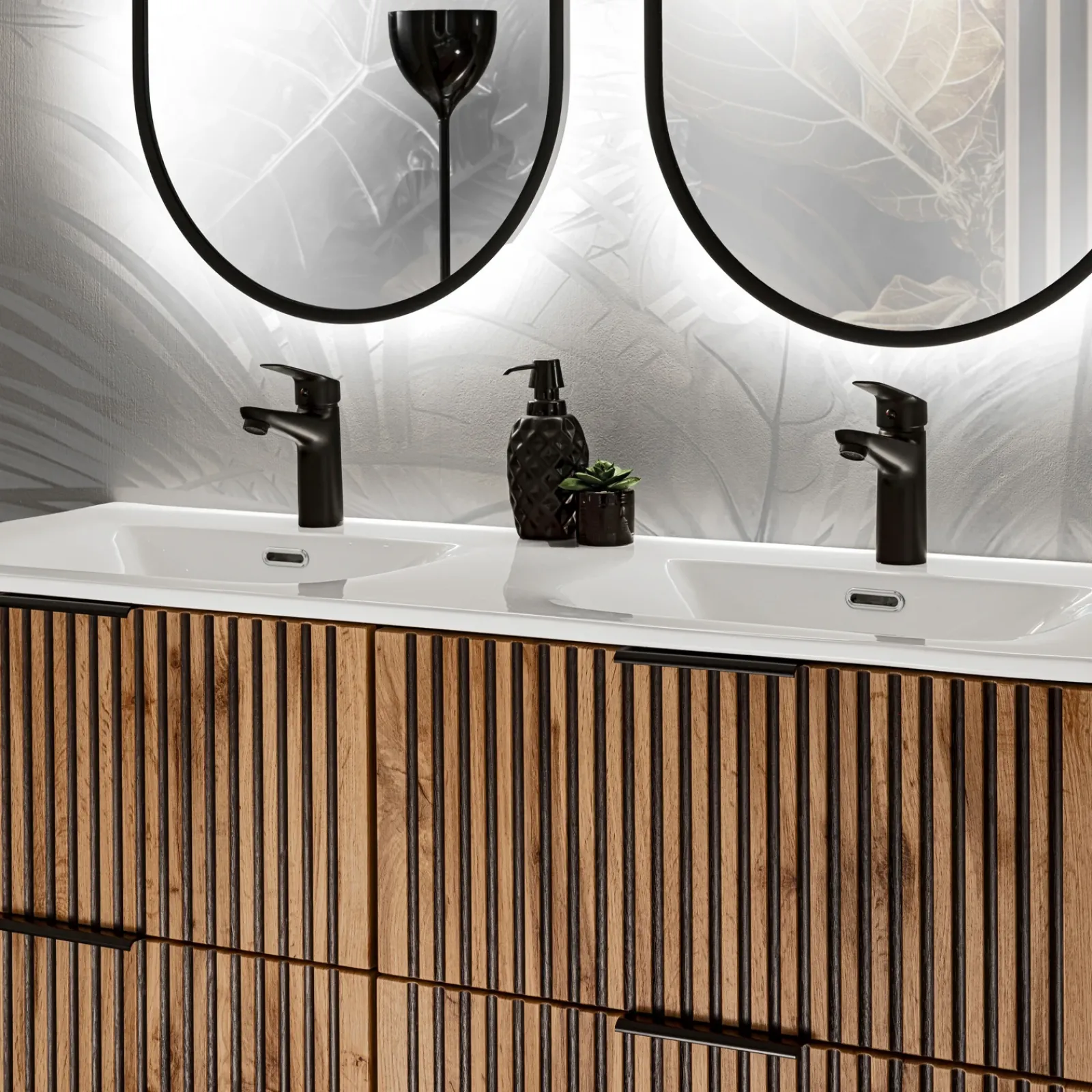 Garnero Arredamenti Mobile Bagno Sospeso-Mobile bagno sospeso 120cm cm con 2 lavabi da incasso, 2 specchi e colonna quercia antracite Limpid