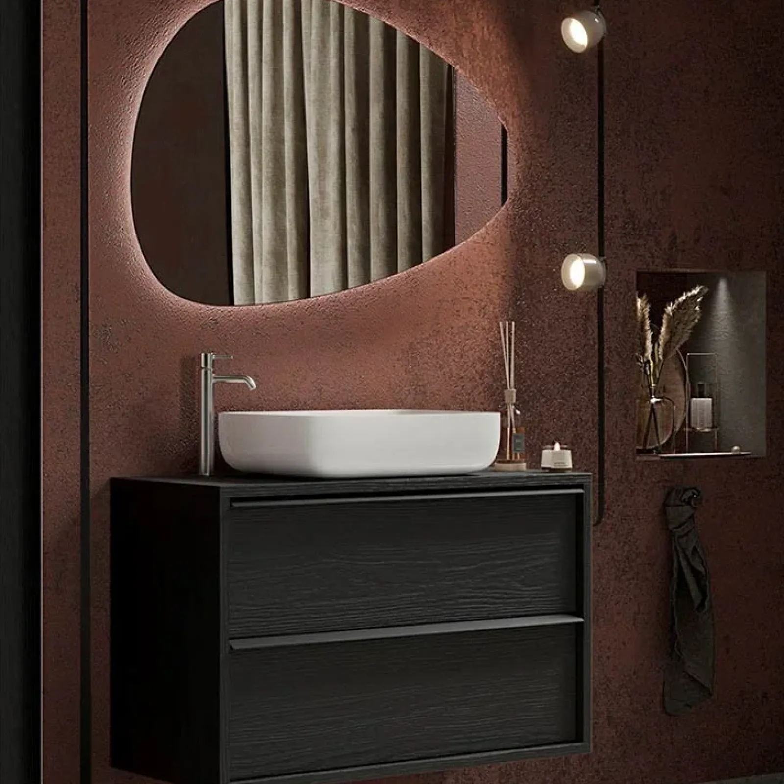 Garnero Arredamenti Mobile Bagno Sospeso-Mobile bagno sospeso 92cm con lavabo e specchio nero frassinato Absolut