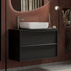 Garnero Arredamenti Mobile Bagno Sospeso-Mobile bagno sospeso 92cm con lavabo e specchio nero frassinato Absolut