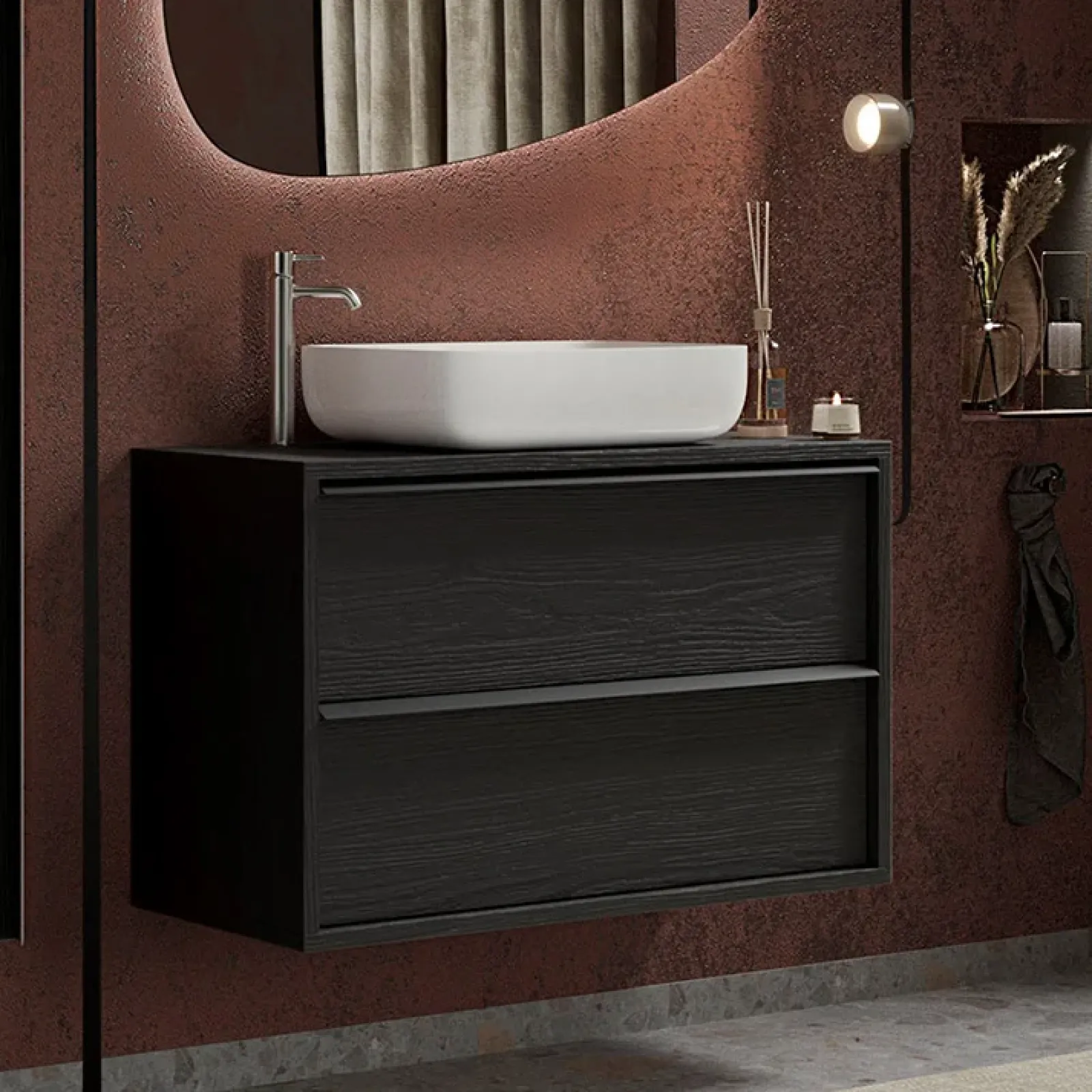 Garnero Arredamenti Mobile Bagno Sospeso-Mobile bagno sospeso 92cm con lavabo e specchio nero frassinato Absolut