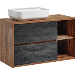 Garnero Arredamenti Mobile Bagno Sospeso-Mobile bagno sospeso 100cm con lavabo, mobile specchio e colonna rovere antracite Stony