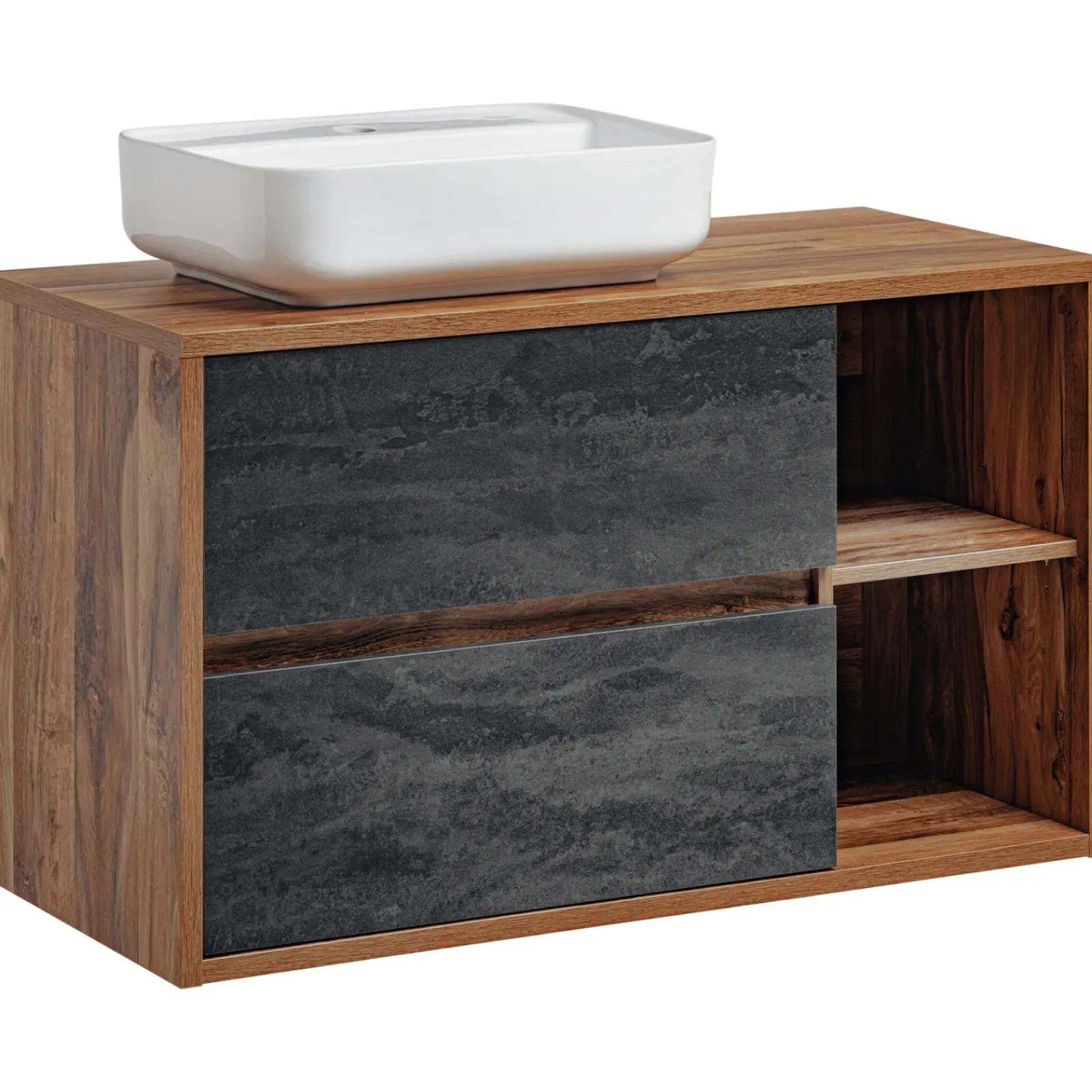 Garnero Arredamenti Mobile Bagno Sospeso-Mobile bagno sospeso 100cm con lavabo, mobile specchio e colonna rovere antracite Stony