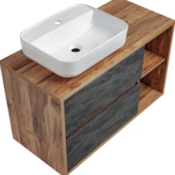 Garnero Arredamenti Mobile Bagno Sospeso-Mobile bagno sospeso 100cm con lavabo, mobile specchio e colonna rovere antracite Stony