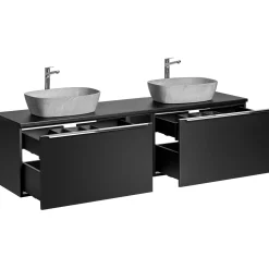 Garnero Arredamenti Mobile Bagno Sospeso-Mobile bagno sospeso 140cm con 2 lavabi, specchio e colonna nero Serif
