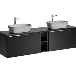Garnero Arredamenti Mobile Bagno Sospeso-Mobile bagno sospeso 140cm con 2 lavabi, specchio e colonna nero Serif