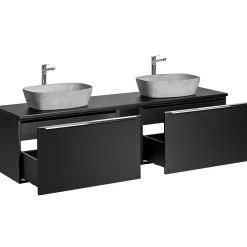 Garnero Arredamenti Mobile Bagno Sospeso-Mobile bagno sospeso 140cm con 2 lavabi, specchio e colonna nero Serif