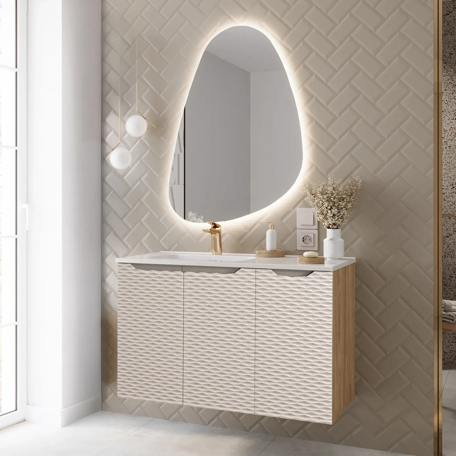 Garnero Arredamenti Mobile Bagno Sospeso-Mobile bagno sospeso 90cm con lavabo da incasso beige rovere Swim Beige - Rovere