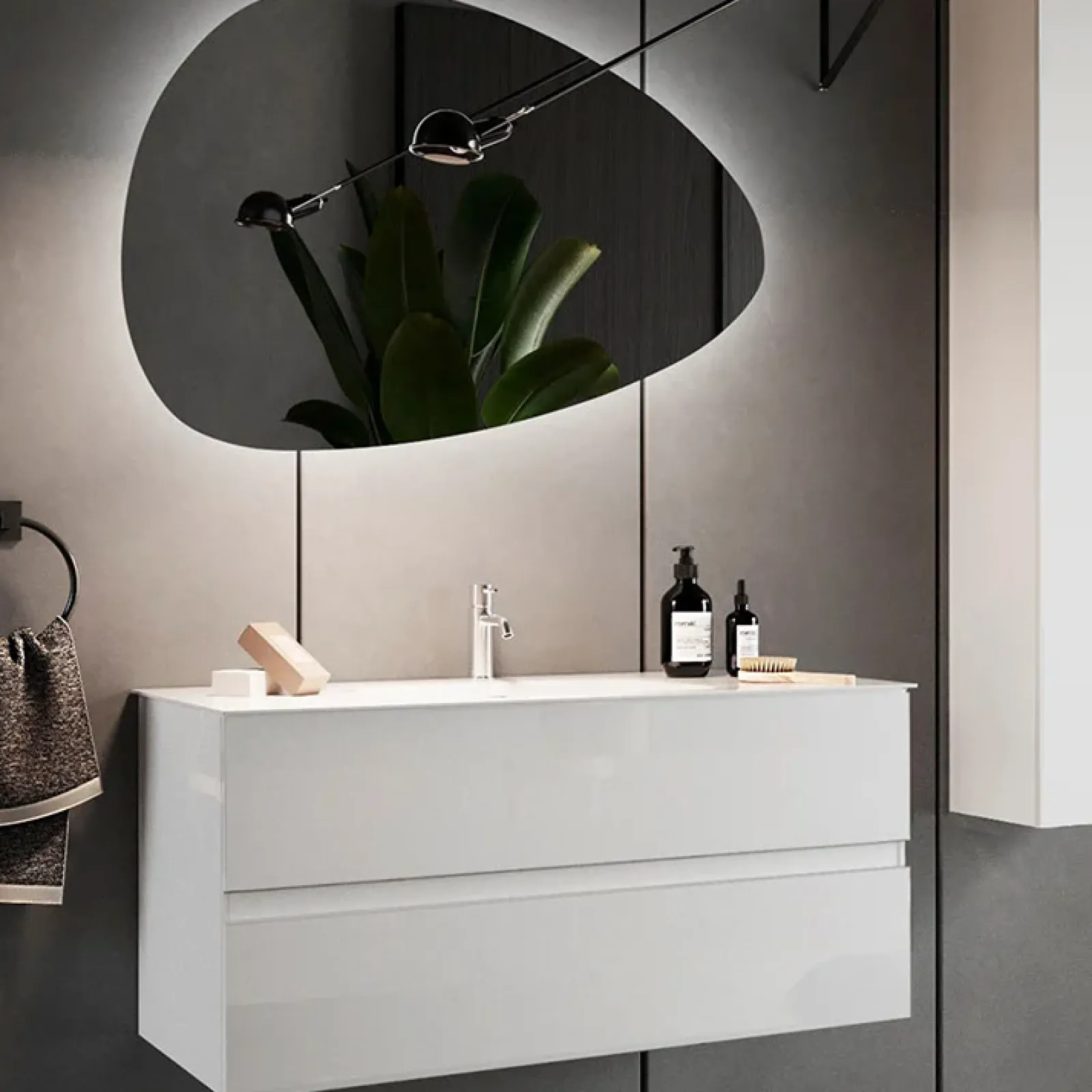 Garnero Arredamenti Mobile Bagno Sospeso-Mobile bagno sospeso 100cm con lavabo e specchio bianco lucido Moon