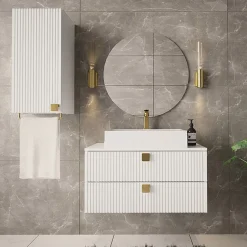 Garnero Arredamenti Mobile Bagno Sospeso-Mobile bagno sospeso 80cm con pensile 2 cassetti bianco Bursa 3 Bianco Lucido - Oro