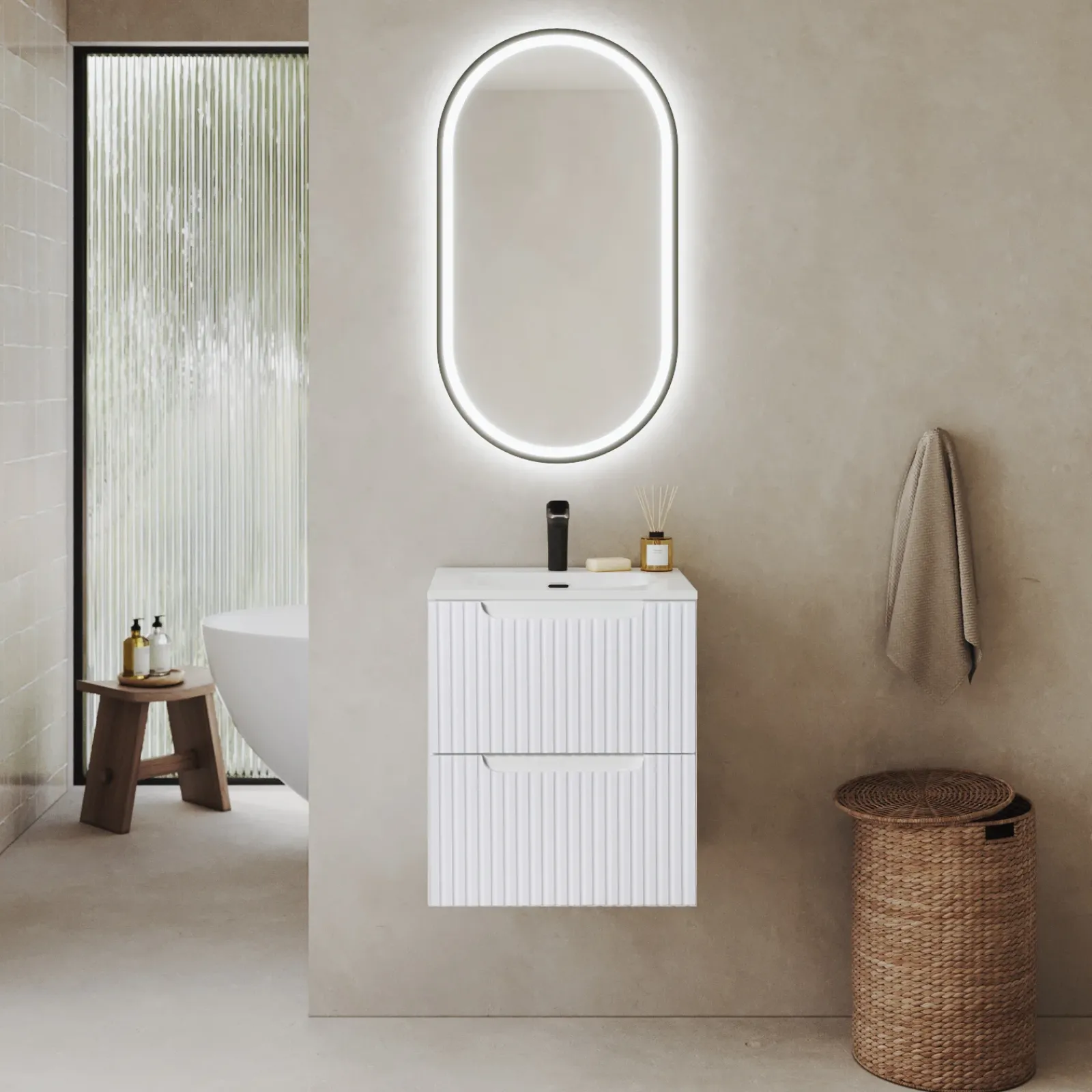 Garnero Arredamenti Mobile Bagno Sospeso-Mobile bagno sospeso 50cm cannettato con lavabo 2 cassetti bianco Cleany Bianco Opaco