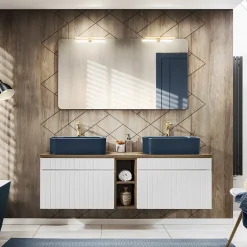 Garnero Arredamenti Mobile Bagno Sospeso-Mobile bagno sospeso 140cm cannettato 2 cassettoni quercia Autentic Bianco