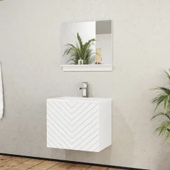 Garnero Arredamenti Mobile Bagno Sospeso-Mobile bagno sospeso 60cm con lavabo e specchio serigrafato bianco Baden 10 Bianco Lucido