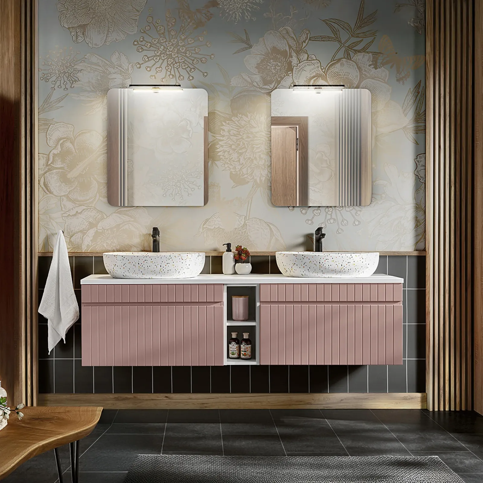 Garnero Arredamenti Mobile Bagno Sospeso-Mobile bagno sospeso 180cm cannettato 2 cassettoni Autentic Rosa