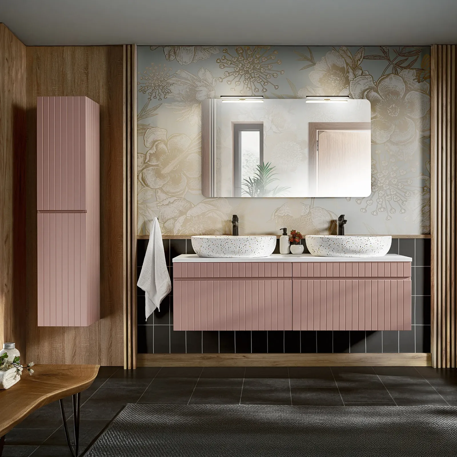 Garnero Arredamenti Mobile Bagno Sospeso-Mobile bagno sospeso 160cm cannettato con 2 lavabi, colonna e specchio rosa Autentic