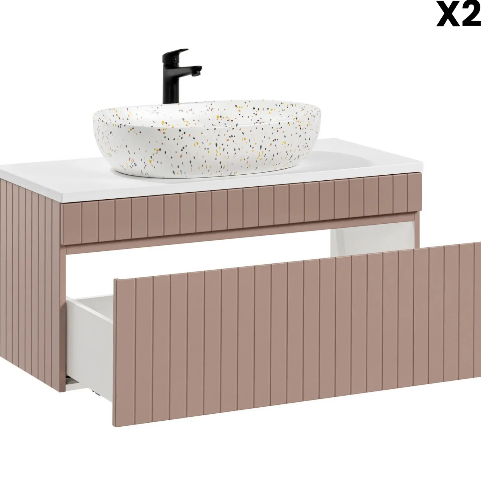 Garnero Arredamenti Mobile Bagno Sospeso-Mobile bagno sospeso 160cm cannettato con 2 lavabi, colonna e specchio rosa Autentic