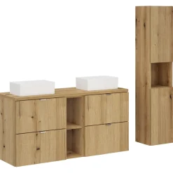 Garnero Arredamenti Mobile Bagno Sospeso-Mobile bagno sospeso 100cm con 2 lavabi, 4 cassetti e colonna rovere Rovery