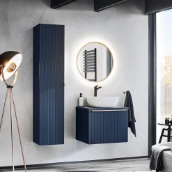 Garnero Arredamenti Mobile Bagno Sospeso-Mobile bagno sospeso 60cm con lavabo, specchio rotondo e colonna cannettato blu Deep
