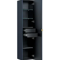 Garnero Arredamenti Mobile Bagno Sospeso-Mobile bagno sospeso 60cm con lavabo, specchio rotondo e colonna cannettato blu Deep