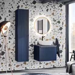 Garnero Arredamenti Mobile Bagno Sospeso-Mobile bagno sospeso 60cm con lavabo, specchio rotondo e colonna cannettato blu Deep