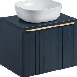 Garnero Arredamenti Mobile Bagno Sospeso-Mobile bagno sospeso 60cm con lavabo, specchio rotondo e colonna cannettato blu Deep