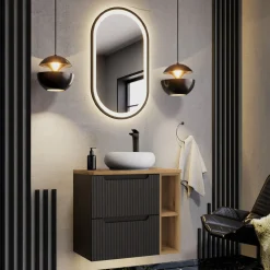 Garnero Arredamenti Mobile Bagno Sospeso-Mobile bagno sospeso 80cm cannettato 2 cassetti e vani rovere Cleany Nero