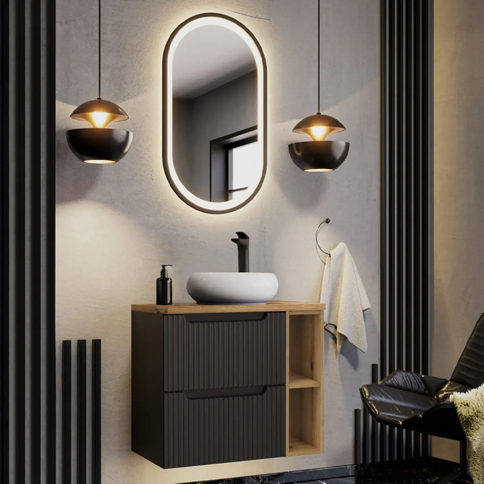 Garnero Arredamenti Mobile Bagno Sospeso-Mobile bagno sospeso 80cm cannettato 2 cassetti e vani rovere Cleany Nero