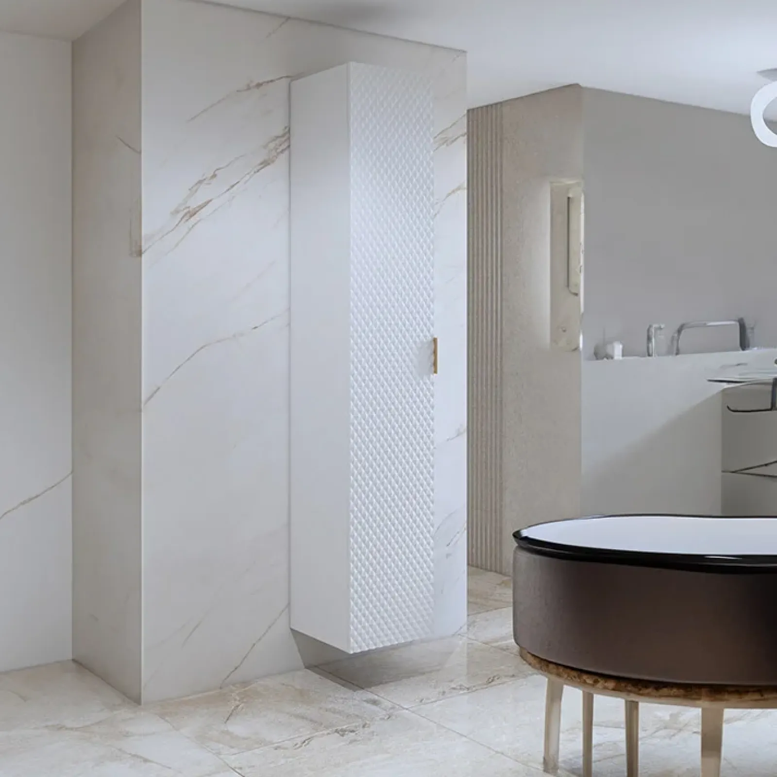 Garnero Arredamenti Mobile Bagno Sospeso-Mobile bagno sospeso 80cm con colonna bianco frontali decorati Konny Bianco Lucido - Bianco opaco