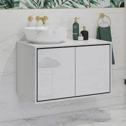 Garnero Arredamenti Mobile Bagno Sospeso-Mobile bagno sospeso 78cm con specchio e colonna nero Linda Bianco Lucido