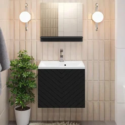 Garnero Arredamenti Mobile Bagno Sospeso-Mobile bagno sospeso 60cm con lavabo e specchio serigrafato nero Baden 10 Nero Lucido