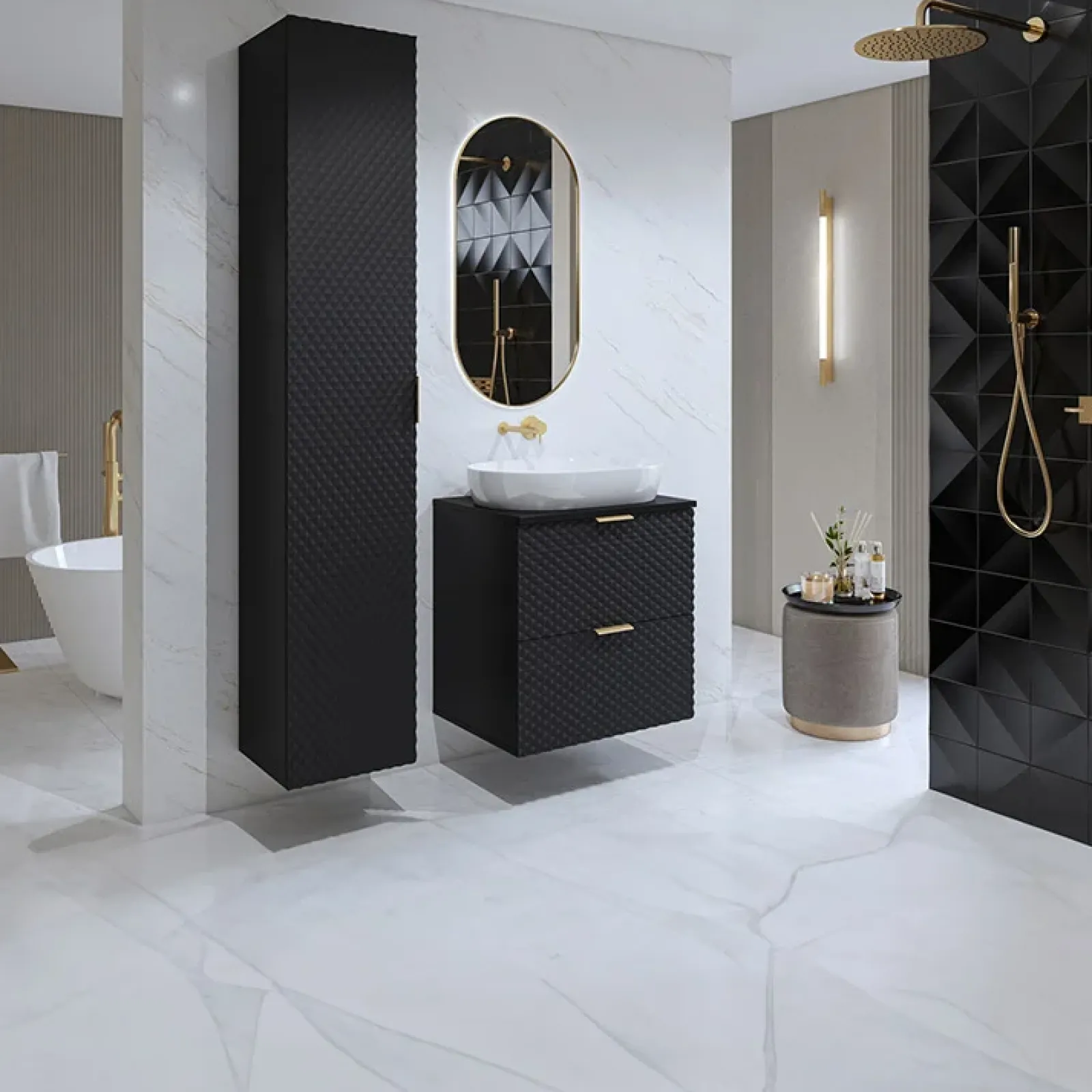 Garnero Arredamenti Mobile Bagno Sospeso-Mobile bagno sospeso 61cm con colonna nero frontali decorati Konny Nero Lucido - Nero opaco