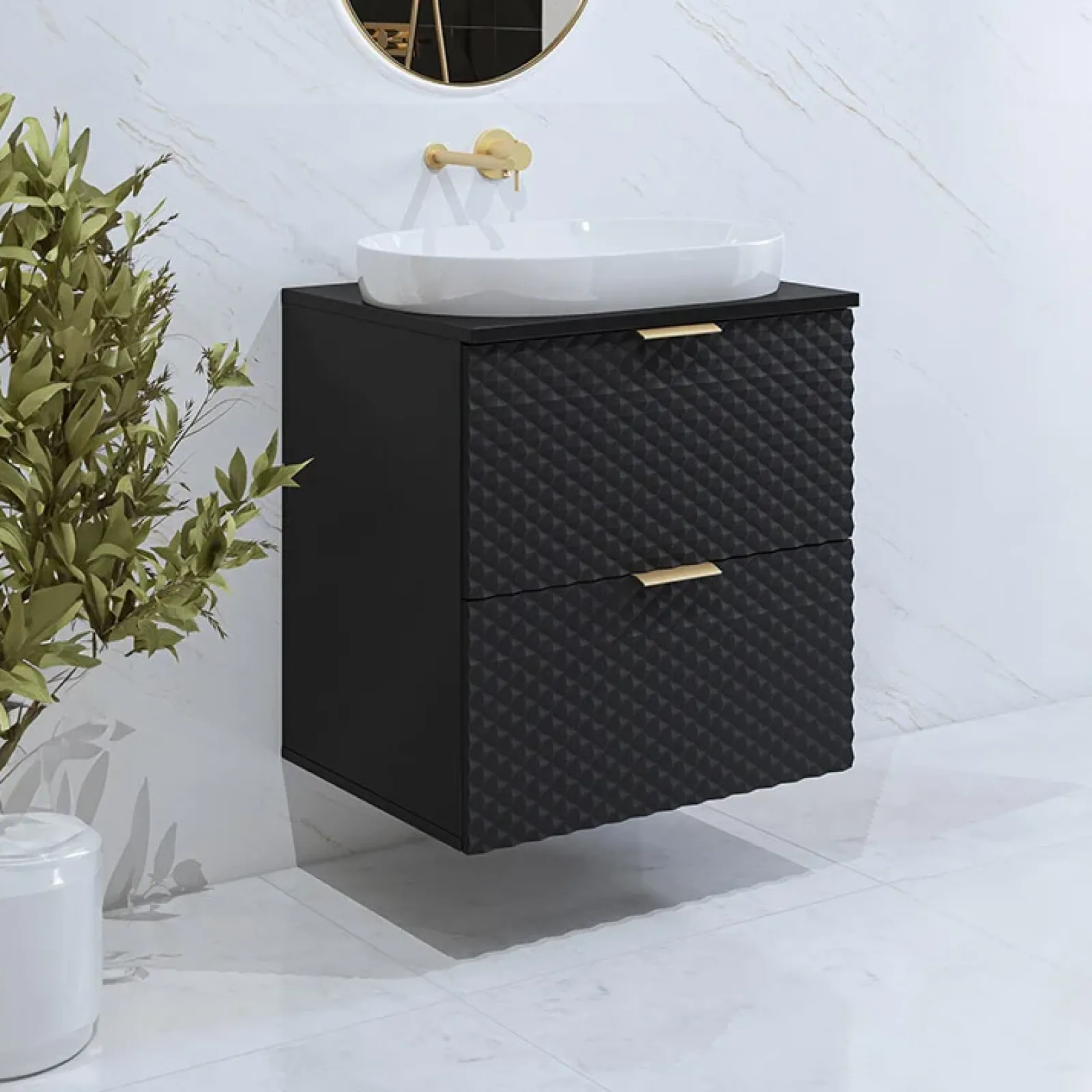 Garnero Arredamenti Mobile Bagno Sospeso-Mobile bagno sospeso 61cm con colonna nero frontali decorati Konny Nero Lucido - Nero opaco