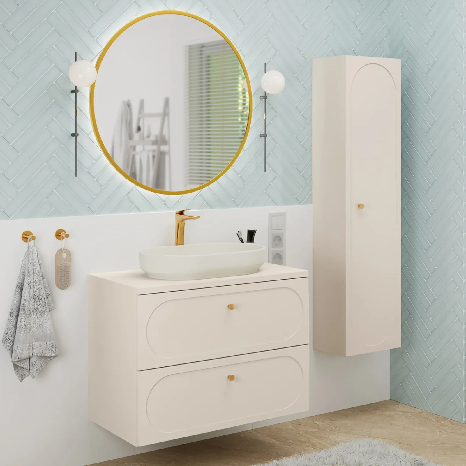 Garnero Arredamenti Mobile Bagno Sospeso-Mobile bagno sospeso 80cm fresato 2 cassetti beige Sand