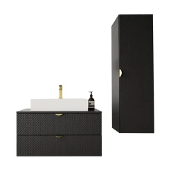 Garnero Arredamenti Mobile Bagno Sospeso-Mobile bagno sospeso 80cm nero con colonna Hakone 2 Nero Lucido