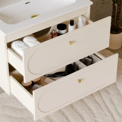 Garnero Arredamenti Mobile Bagno Sospeso-Mobile bagno sospeso fresato 80cm con lavabo 2 cassetti beige Sand