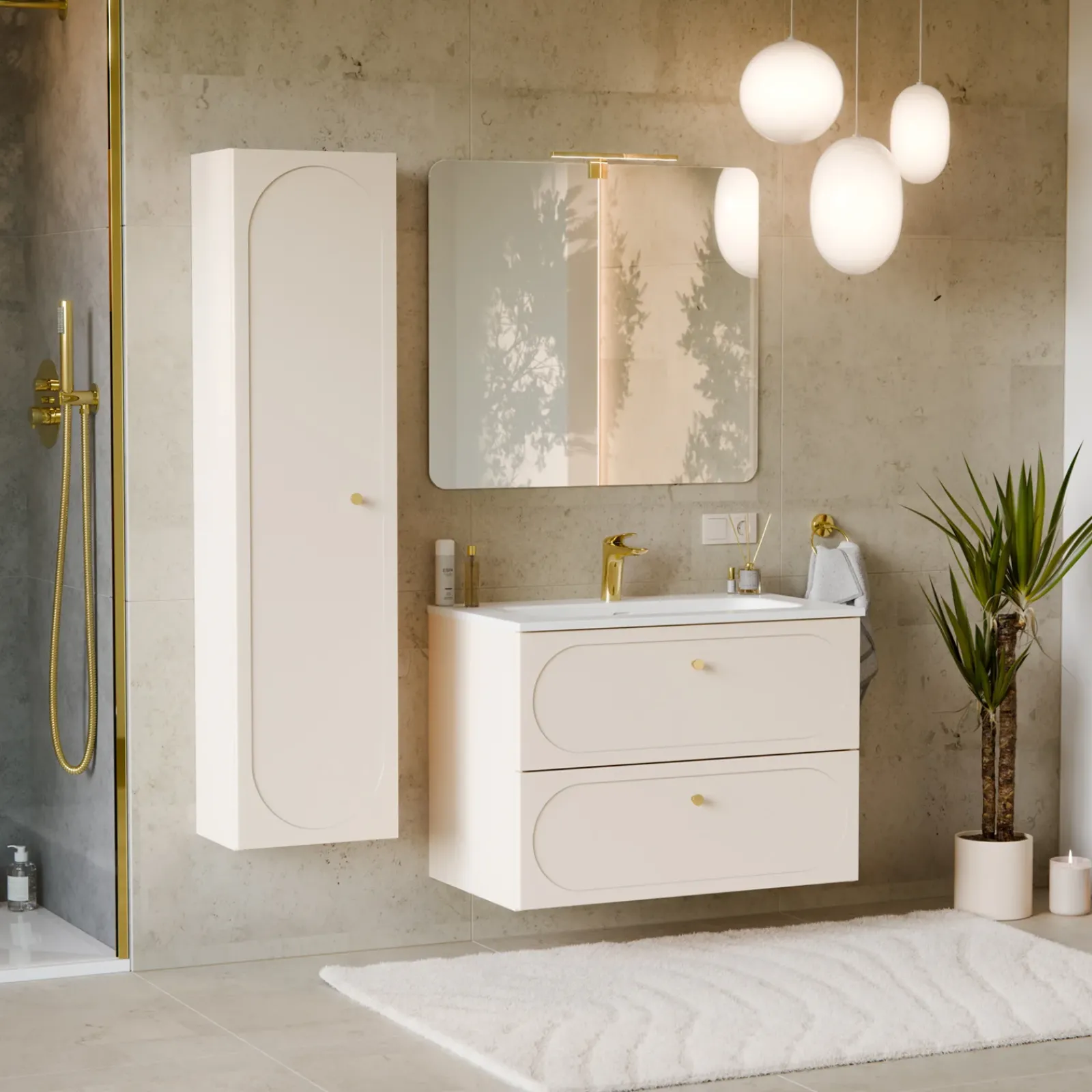 Garnero Arredamenti Mobile Bagno Sospeso-Mobile bagno sospeso fresato 80cm con lavabo 2 cassetti beige Sand