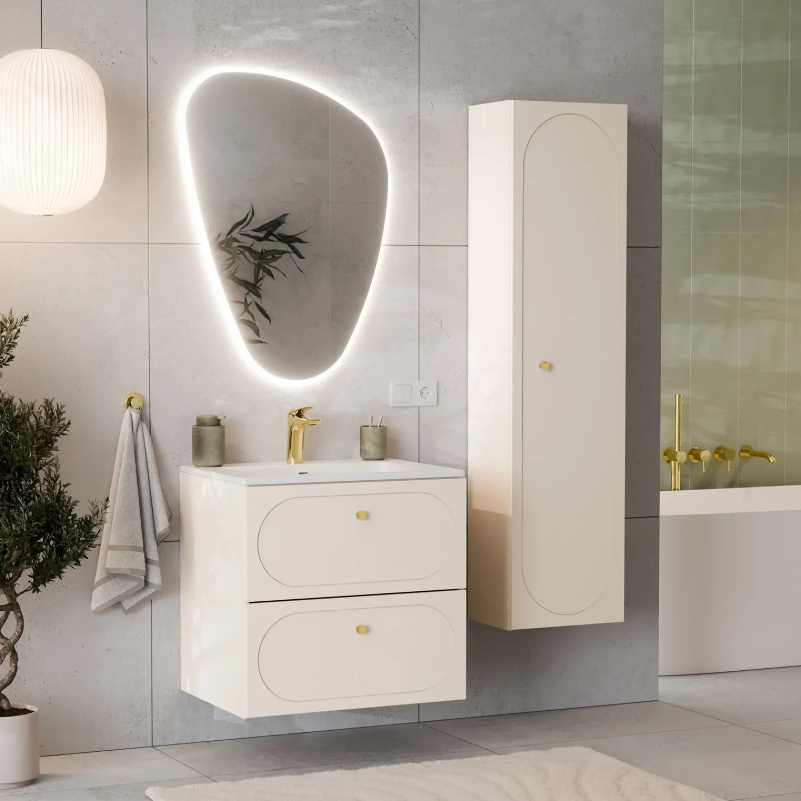 Garnero Arredamenti Mobile Bagno Sospeso-Mobile bagno sospeso fresato 60cm con lavabo 2 cassetti beige Sand